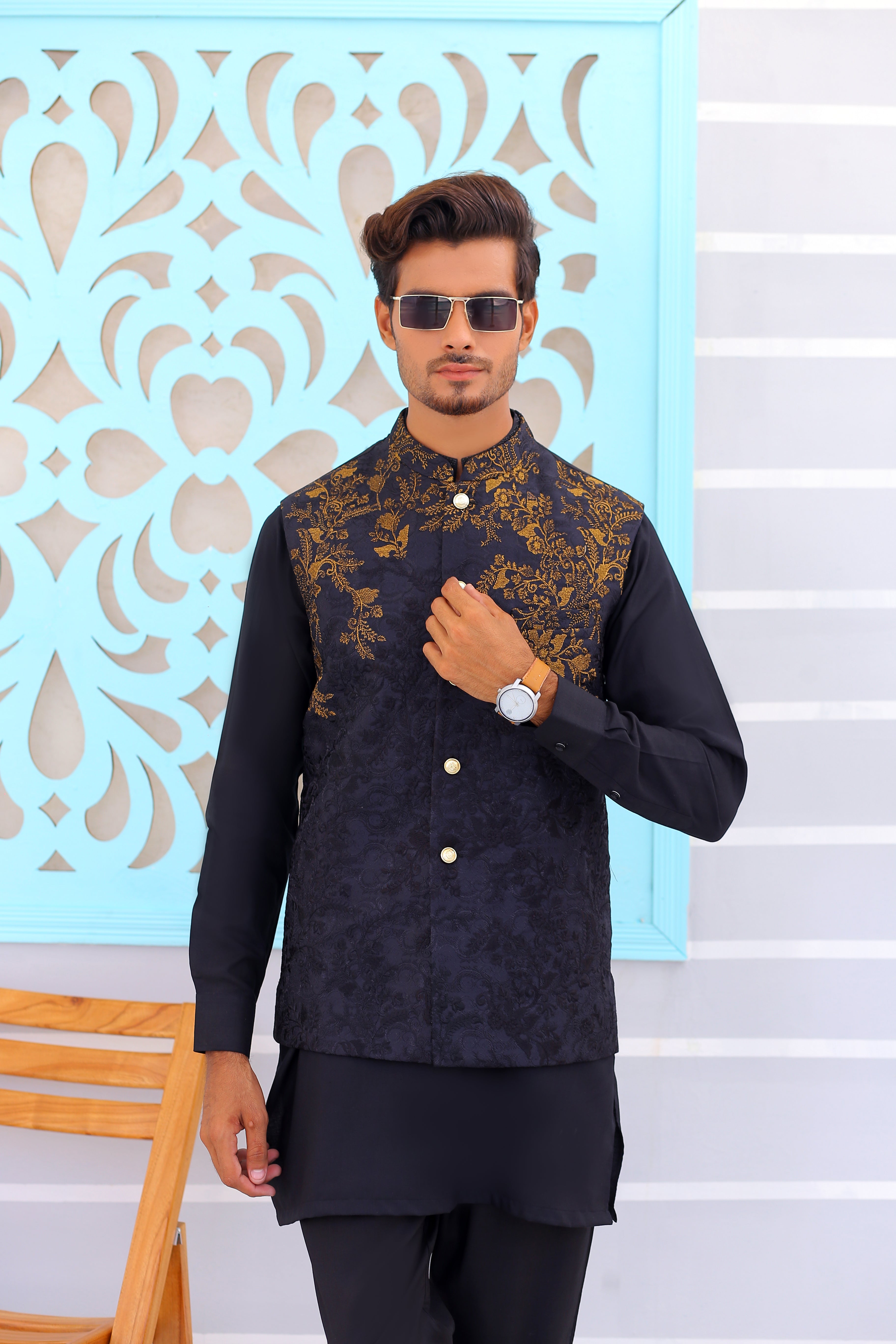 ER WC 1083 Black Copper Embroidered Waistcoat