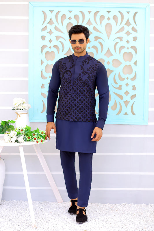 ER WC 1078 Navy Blue Embroidered Waistcoat