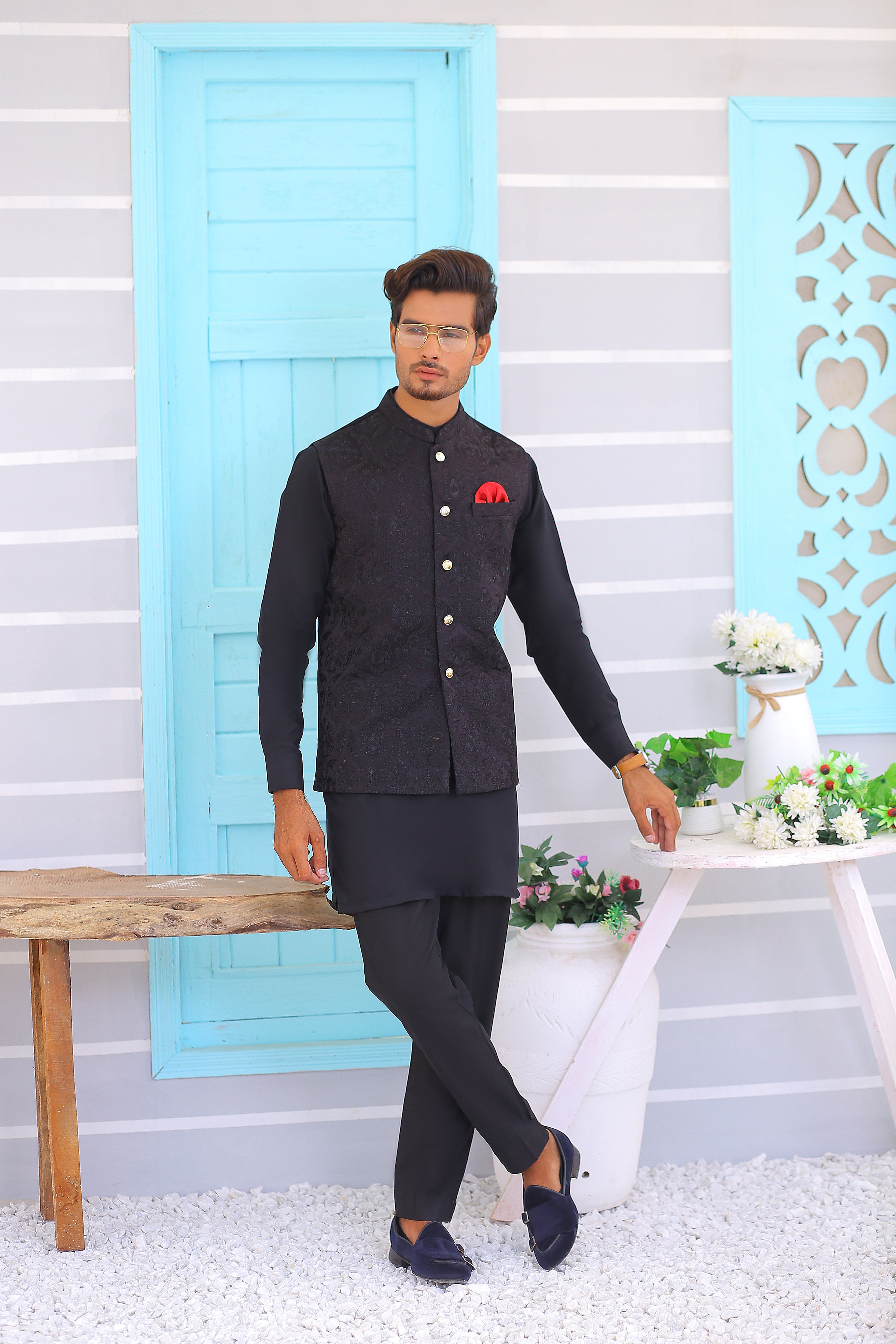 ER WC 1072 Black Embroidered Waistcoat