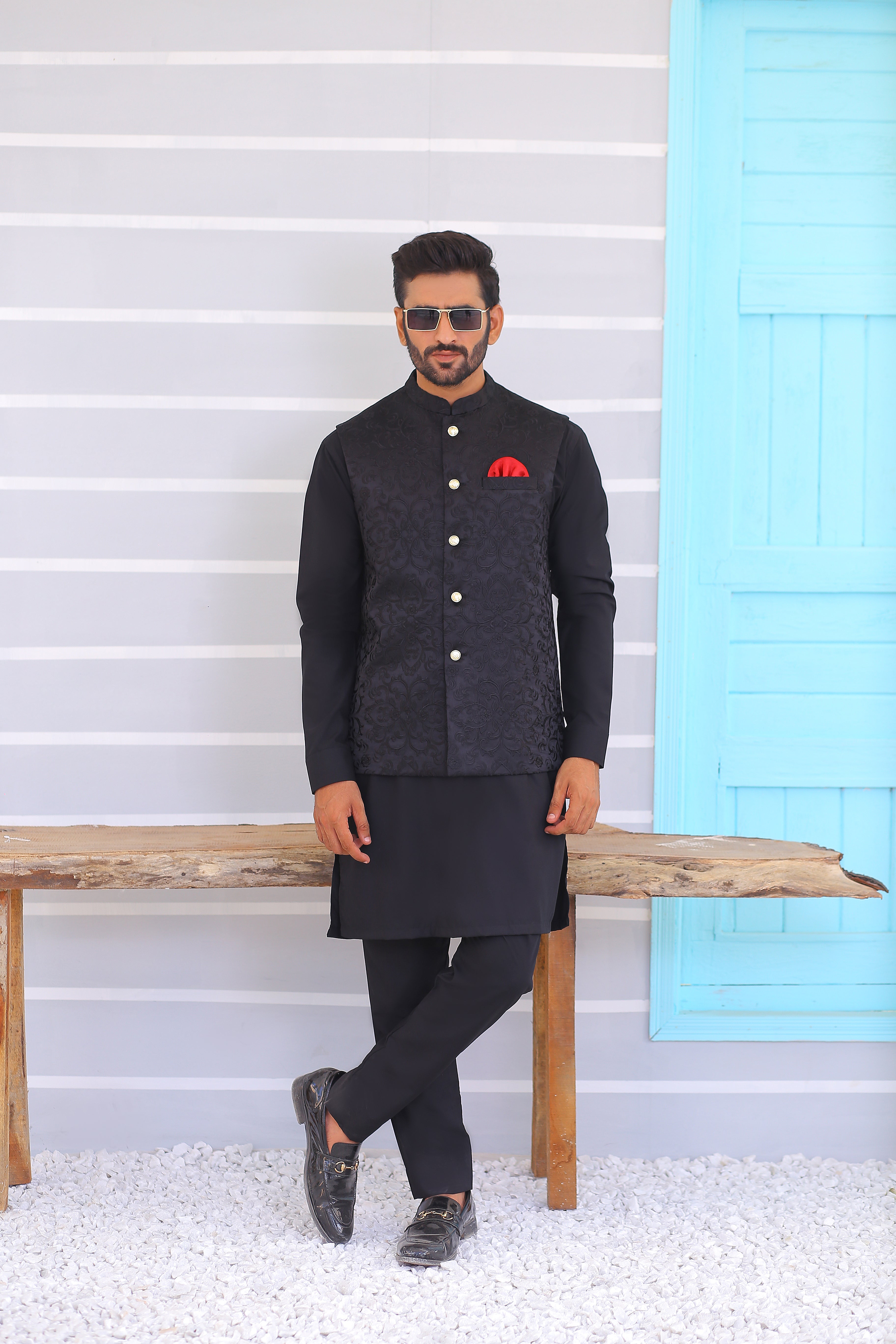 ER WC 1071 Black Embroidered Waistcoat