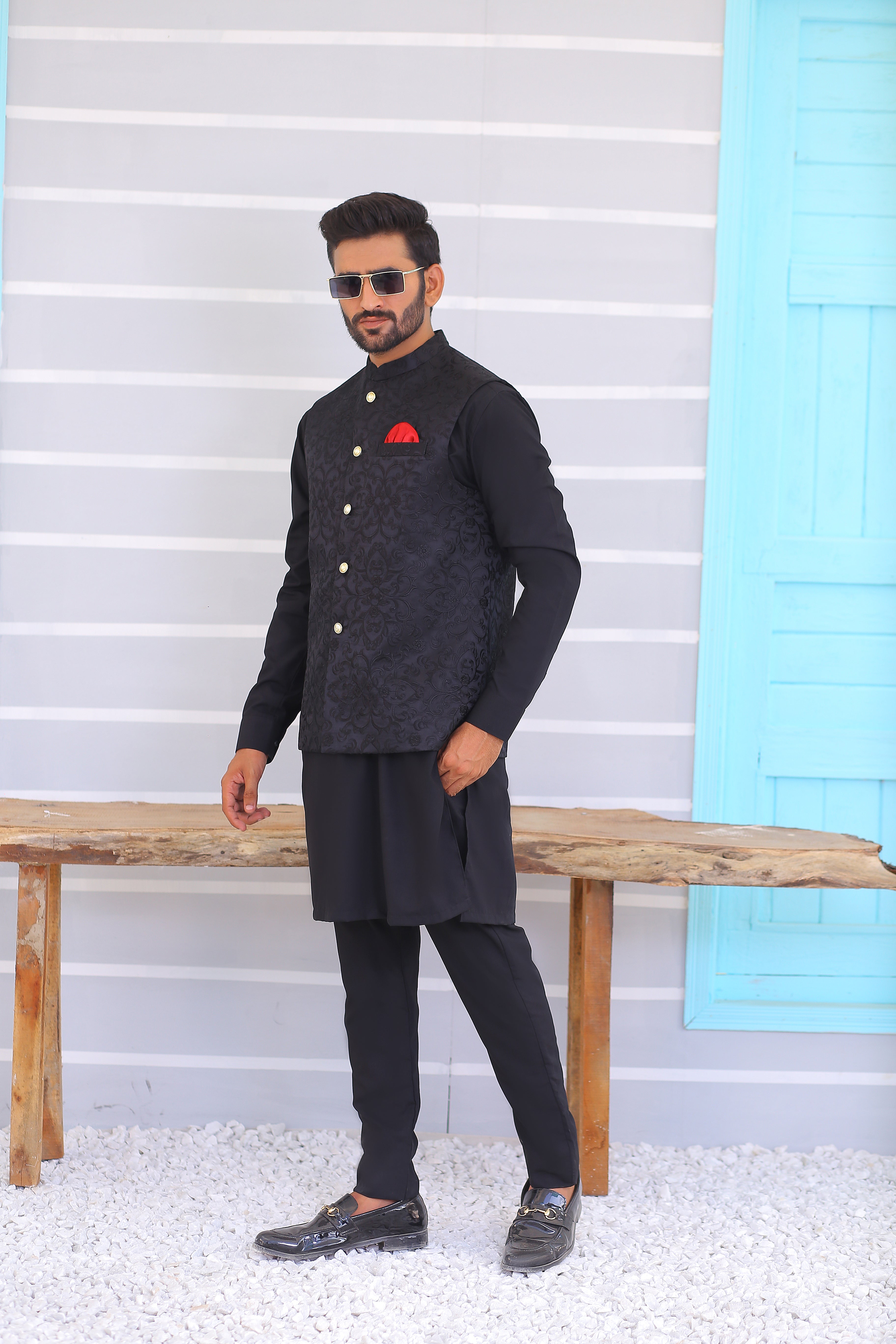 ER WC 1071 Black Embroidered Waistcoat