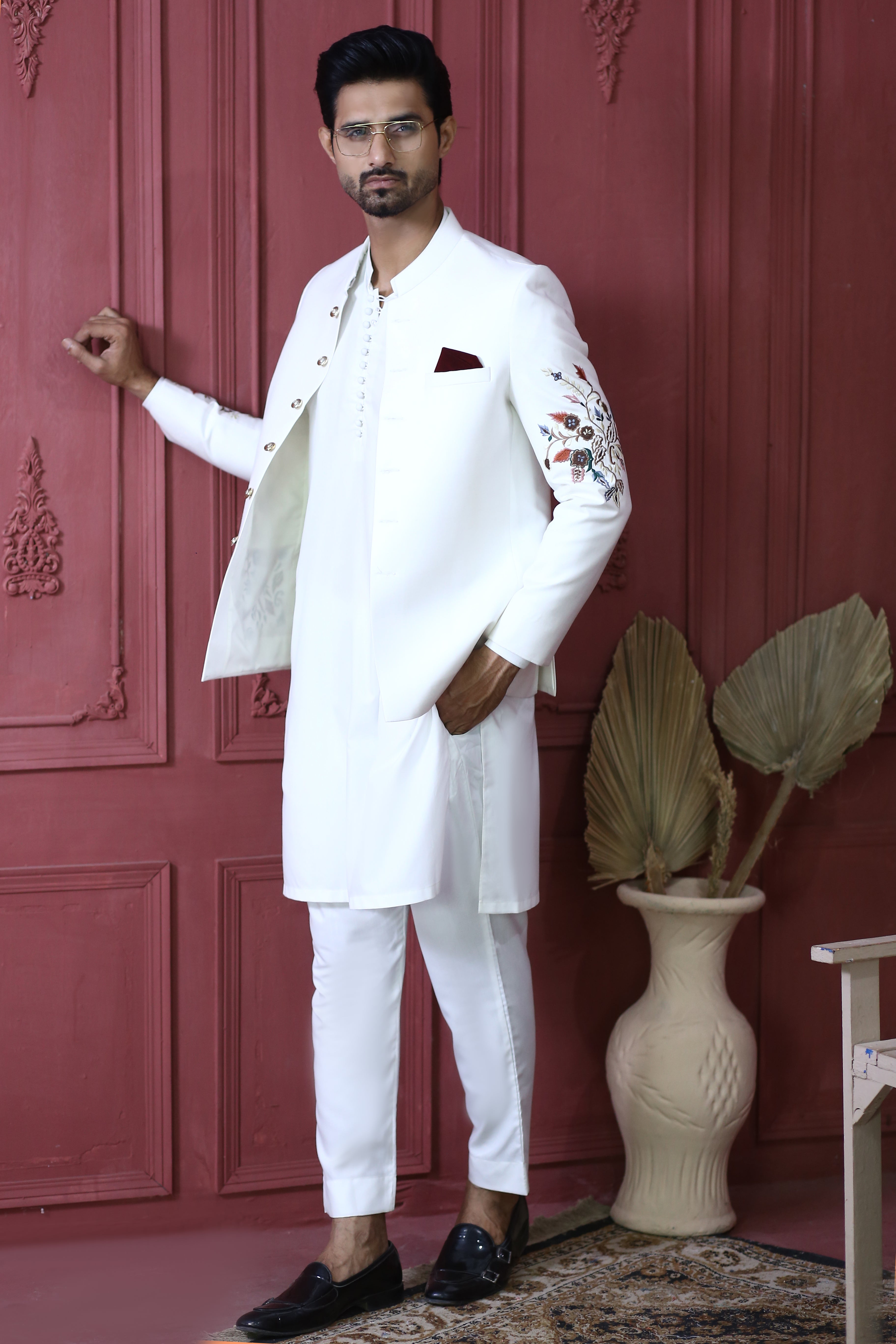ER PC 3002 White Flower Embroided Nikkah Prince Coat For Men