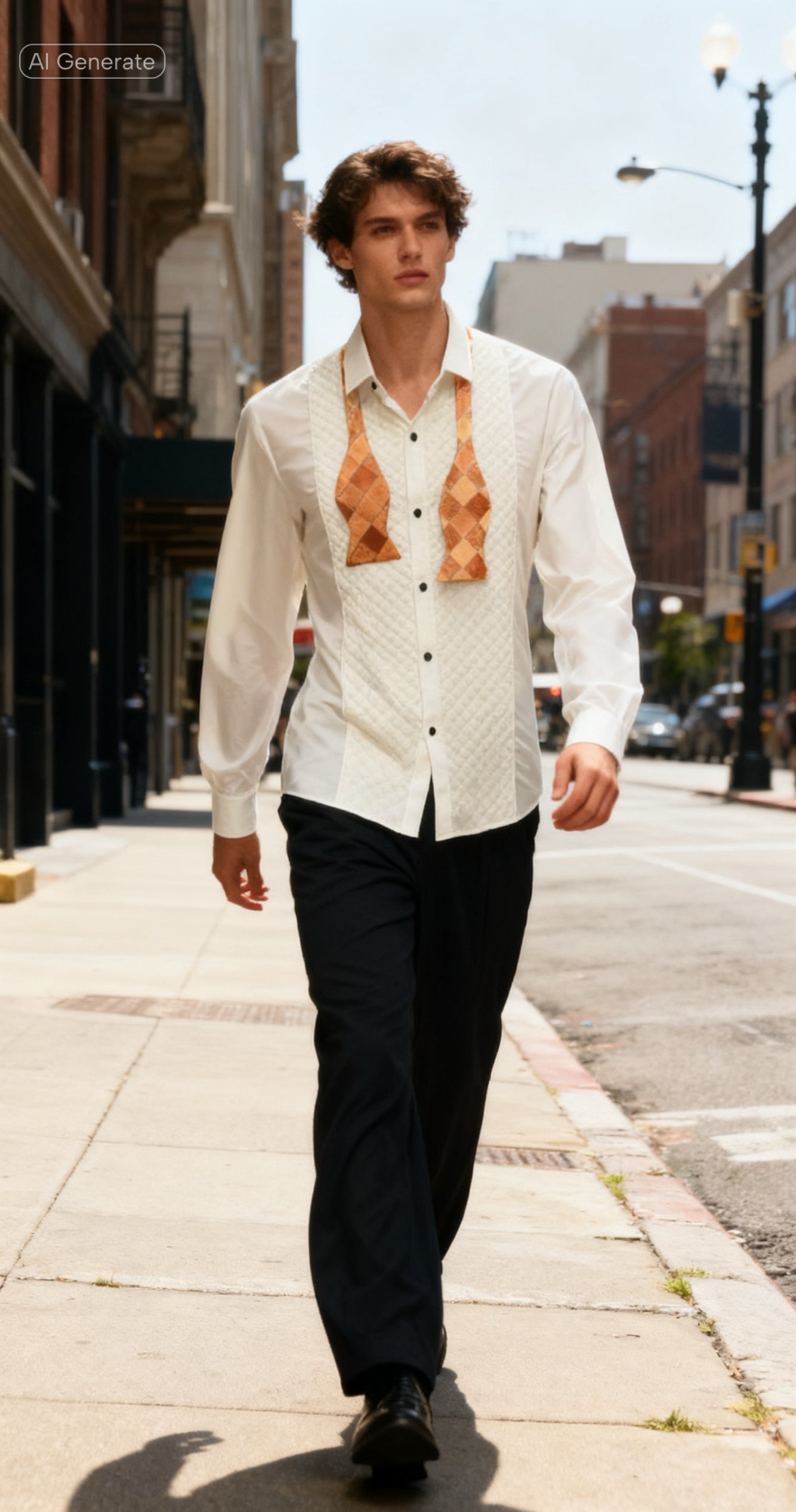 Man walking on a city street wearing a white shirt with suspenders and black pants.