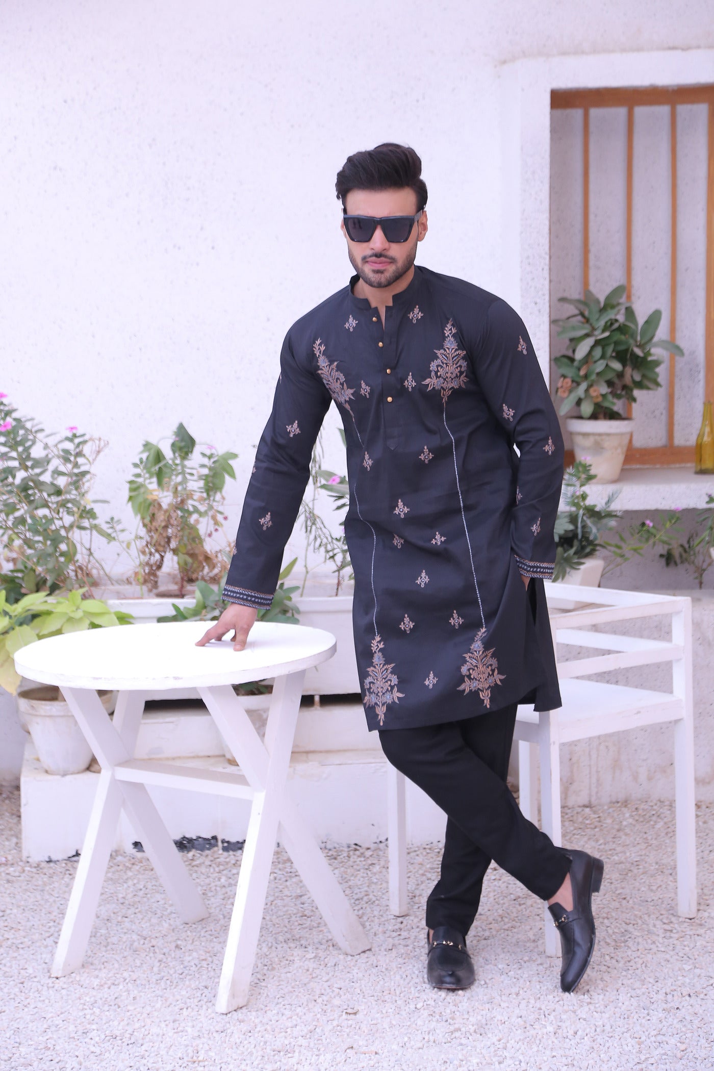 ER MR 49 Black Embroidered Cotton Silk Fabric Kurta Pajama Mirror Work For Men