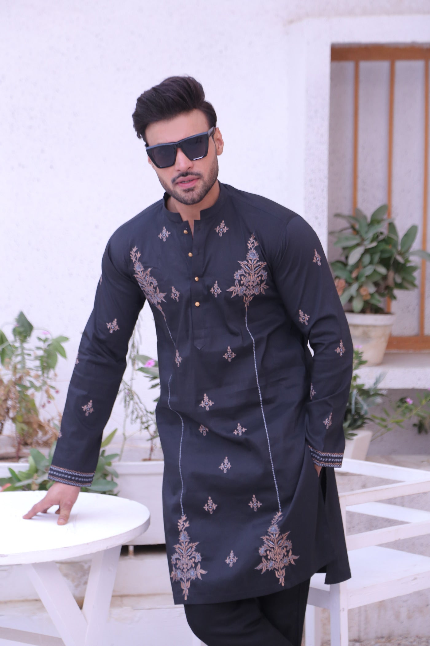 ER MR 49 Black Embroidered Cotton Silk Fabric Kurta Pajama Mirror Work For Men