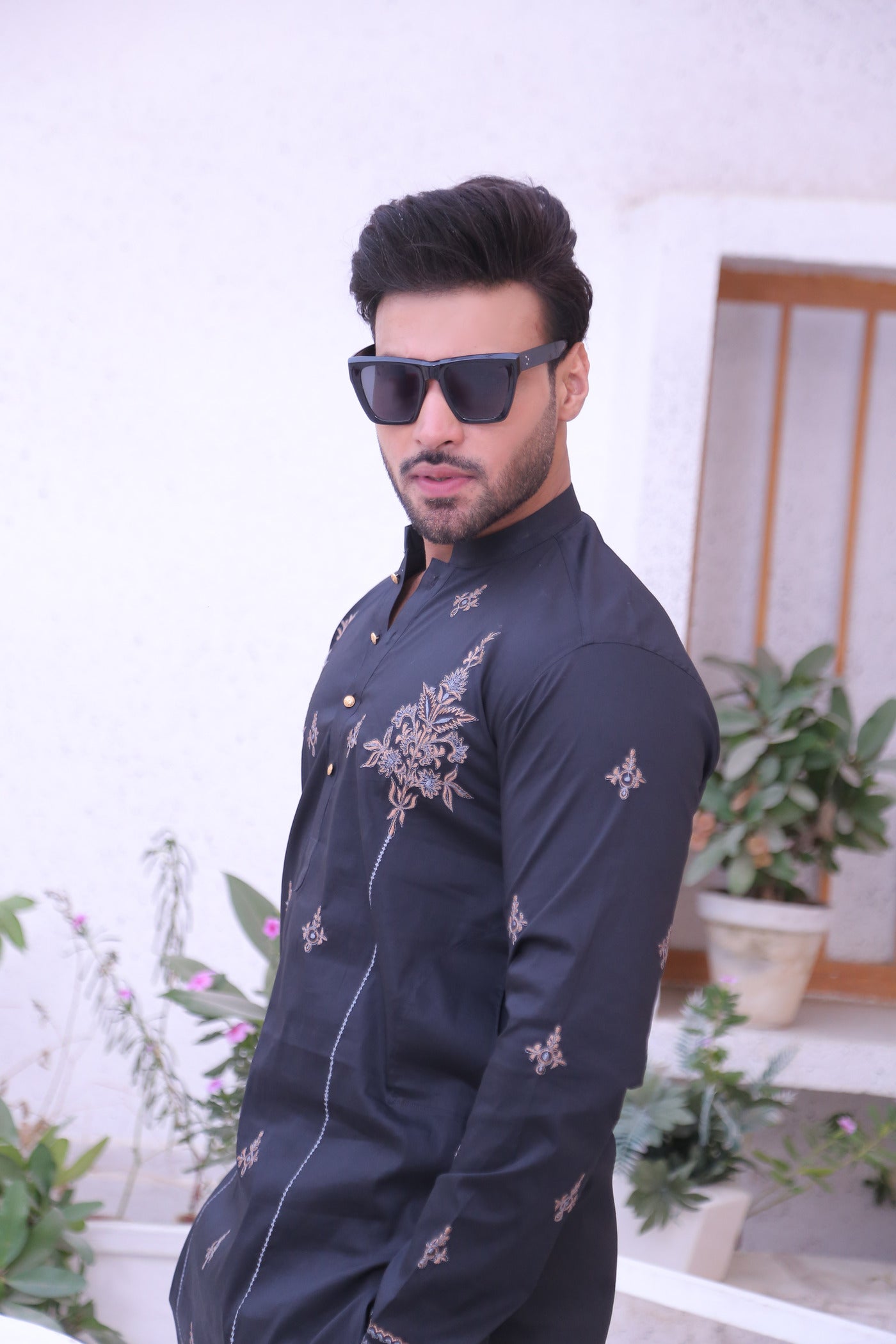 ER MR 49 Black Embroidered Cotton Silk Fabric Kurta Pajama Mirror Work For Men