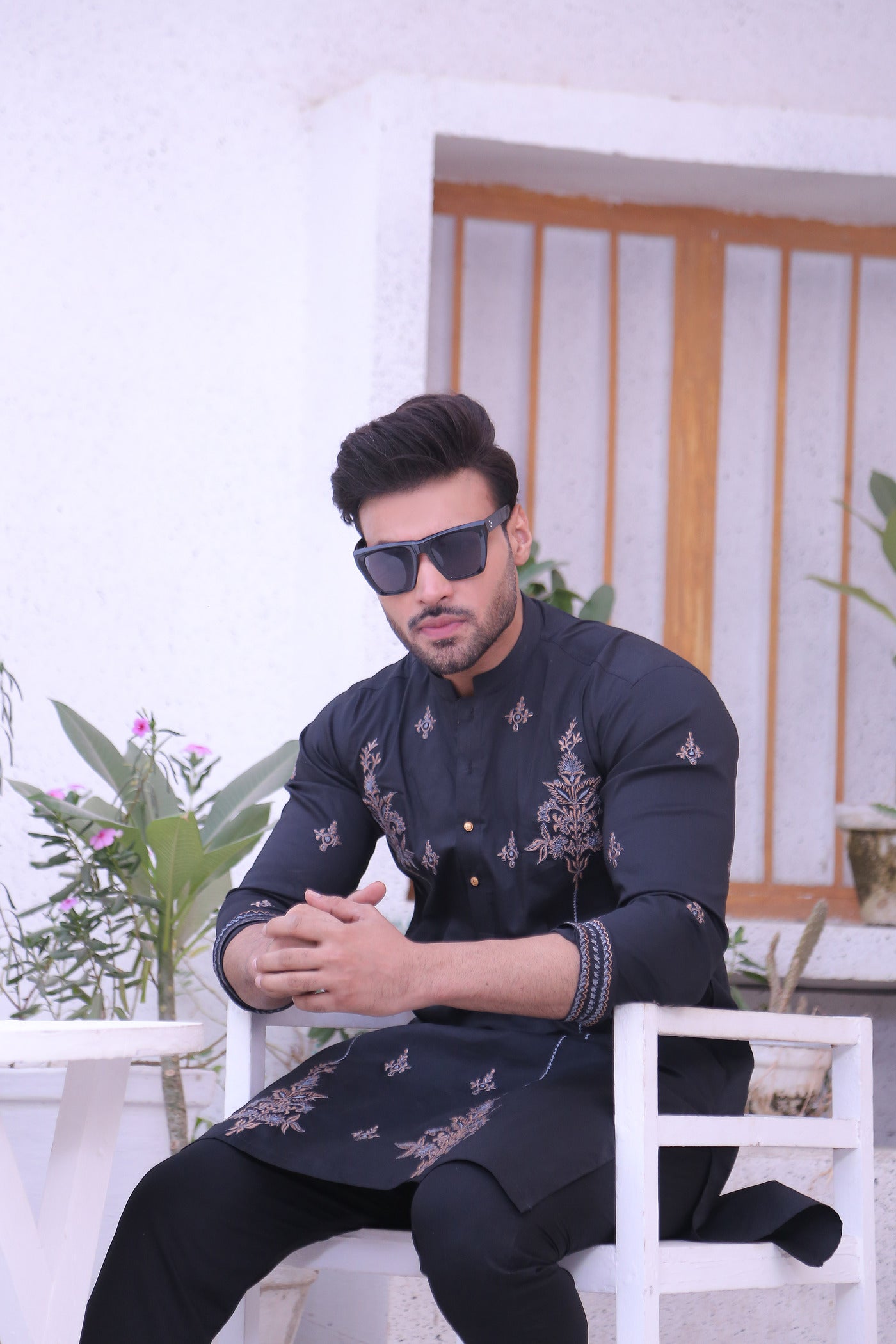 ER MR 49 Black Embroidered Cotton Silk Fabric Kurta Pajama Mirror Work For Men