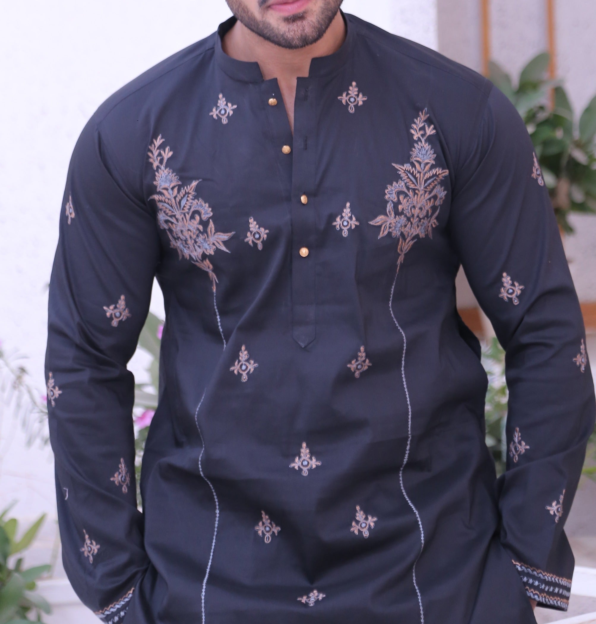 ER MR 49 Black Embroidered Cotton Silk Fabric Kurta Pajama Mirror Work For Men