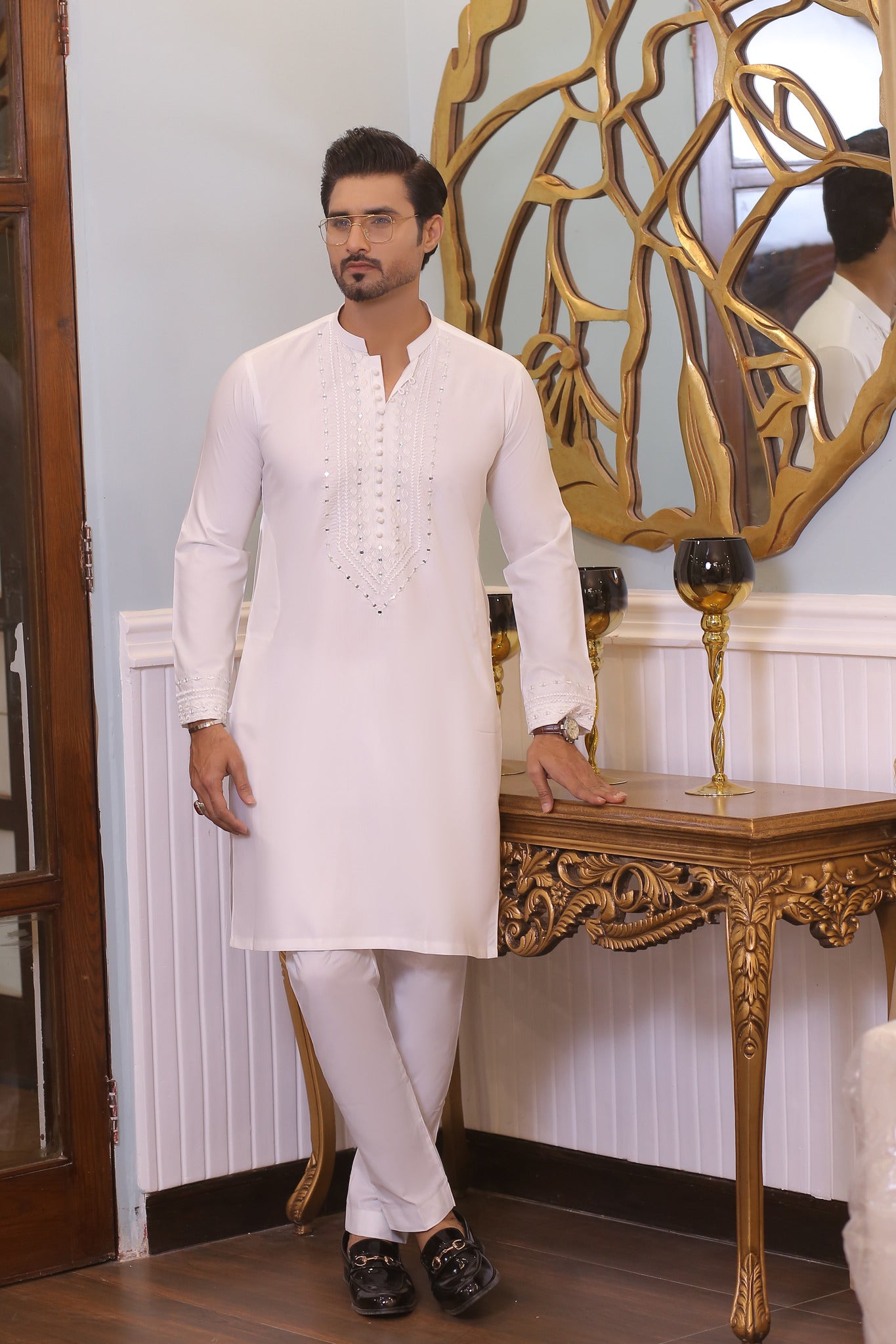 MR 63 White Mirror Work Kurta Pajama