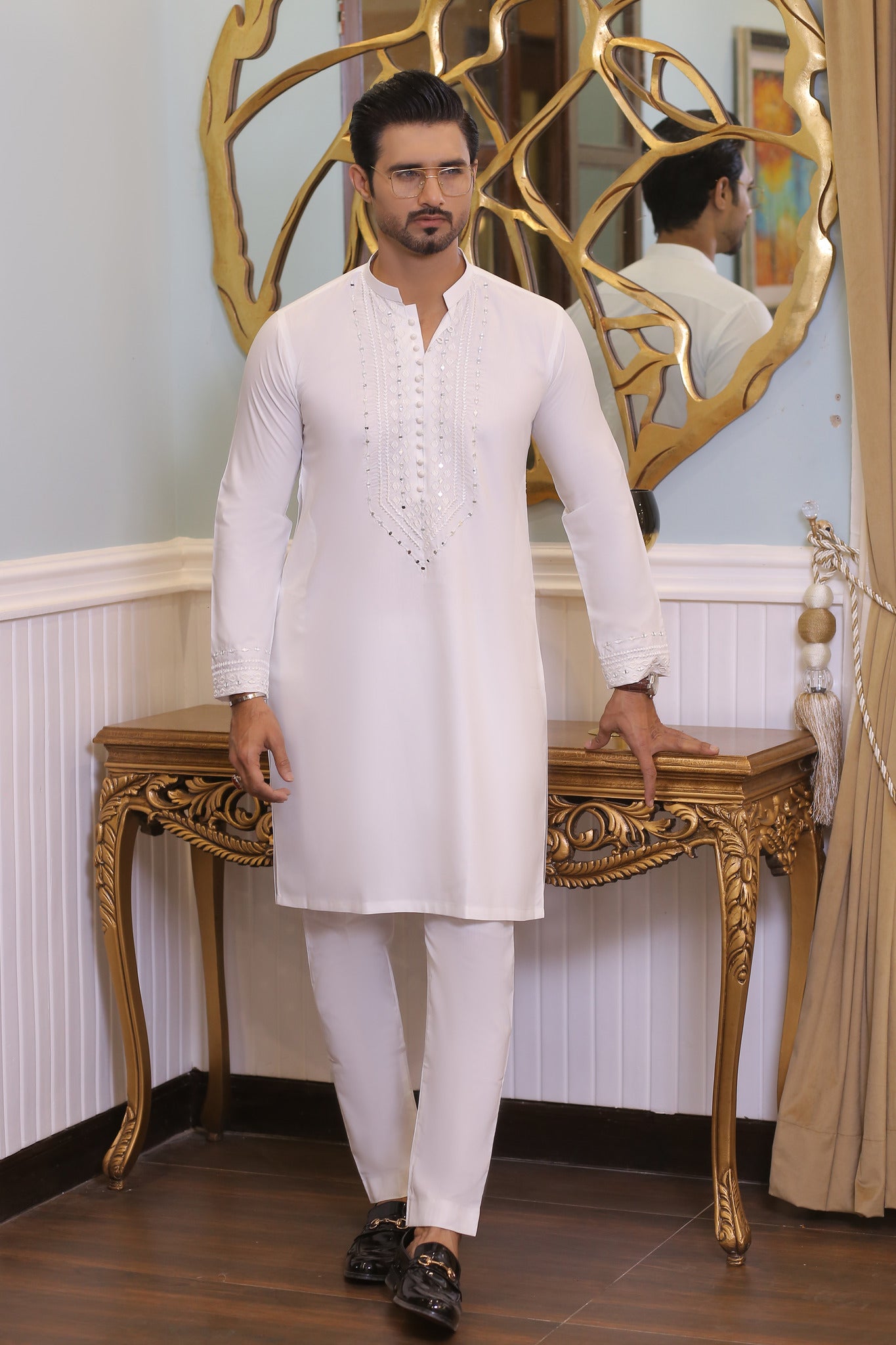 MR 63 White Mirror Work Kurta Pajama