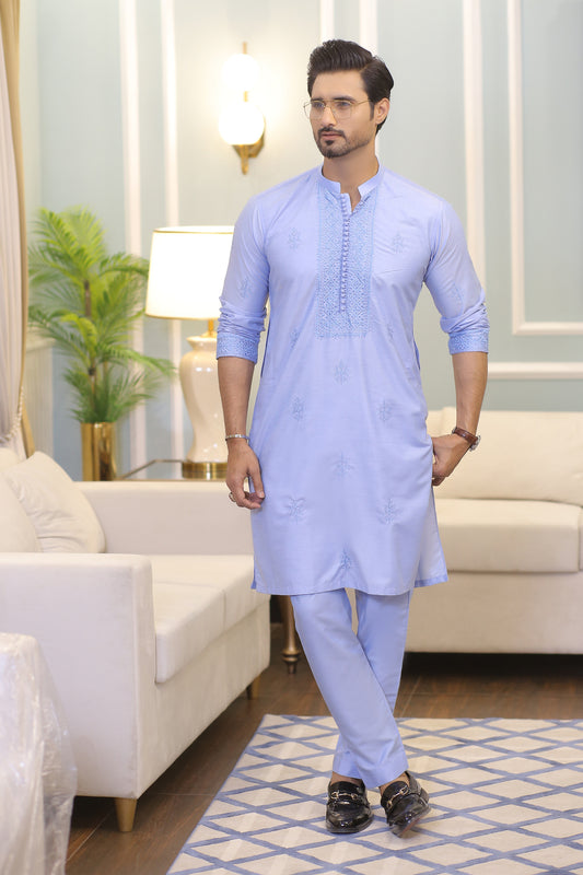 CK 709 Sky Blue Chikankari Kurta For Men