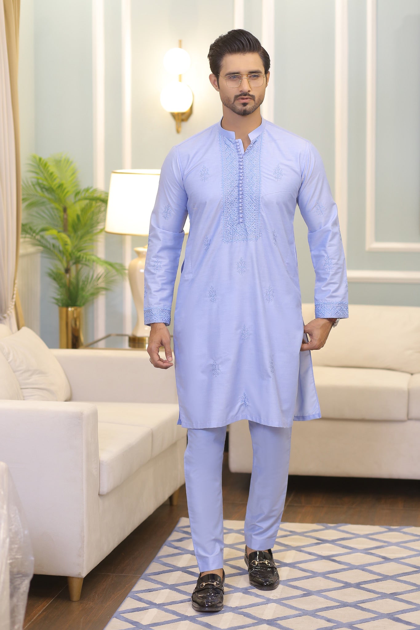 CK 709 Sky Blue Chikankari Kurta For Men