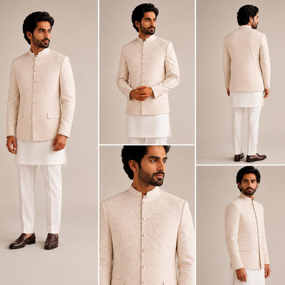 Man modeling a beige traditional outfit with multiple pose