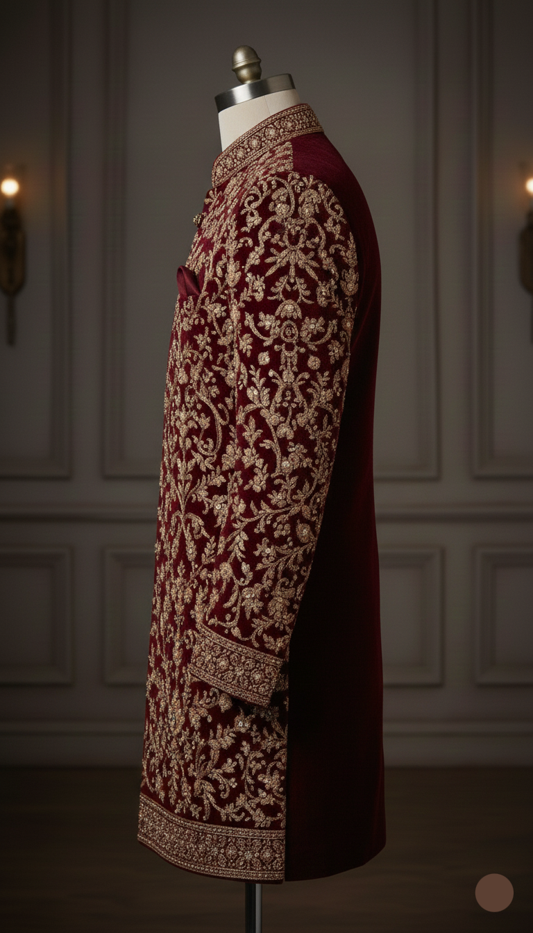 Maroon embroidered coat on a mannequin against a neutral wall.