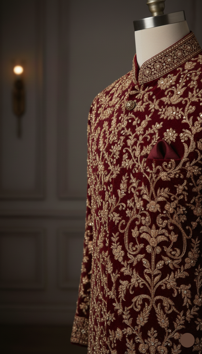 Maroon embroidered shirt on a mannequin against a dark background