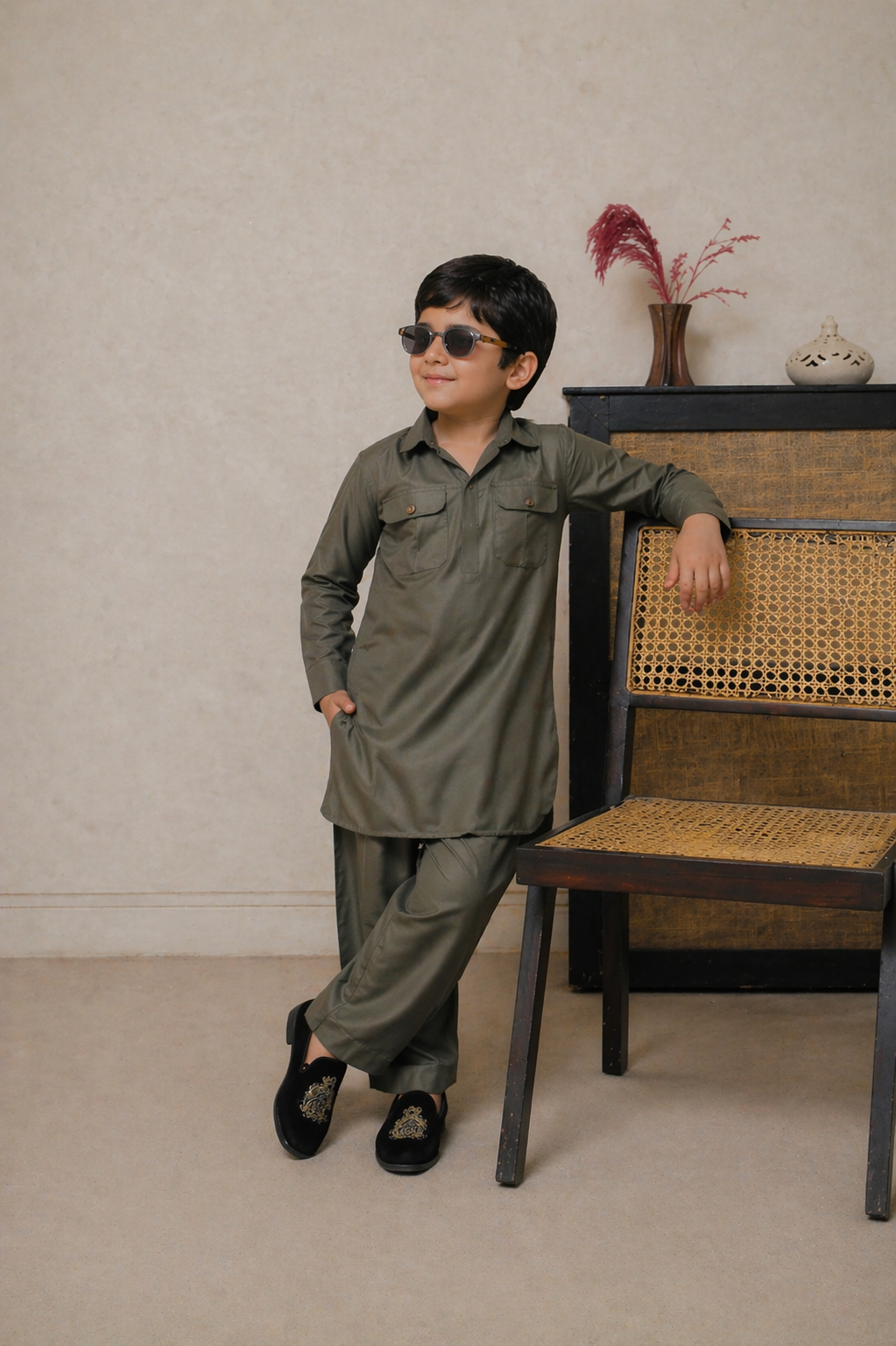 Matching father son ethnic olive green kurta suit