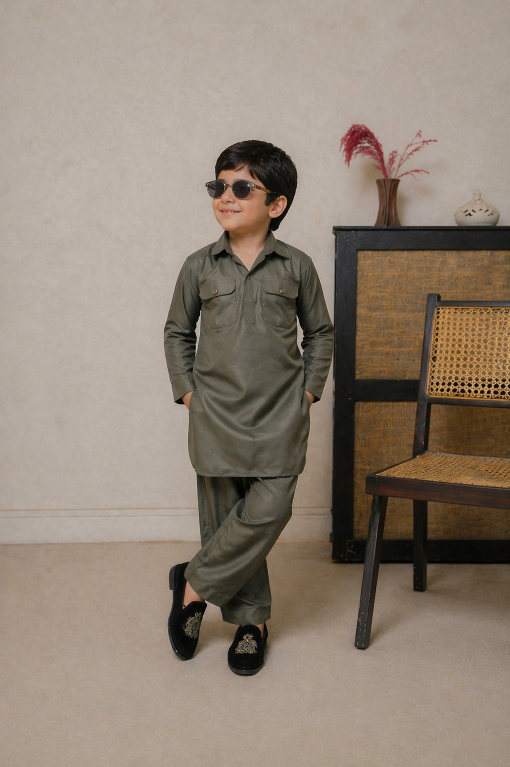 Olive green kurta pajama set for family festive wear
