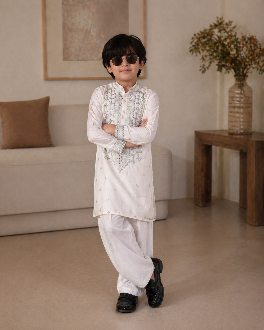 Premium white embroidered kurta father son