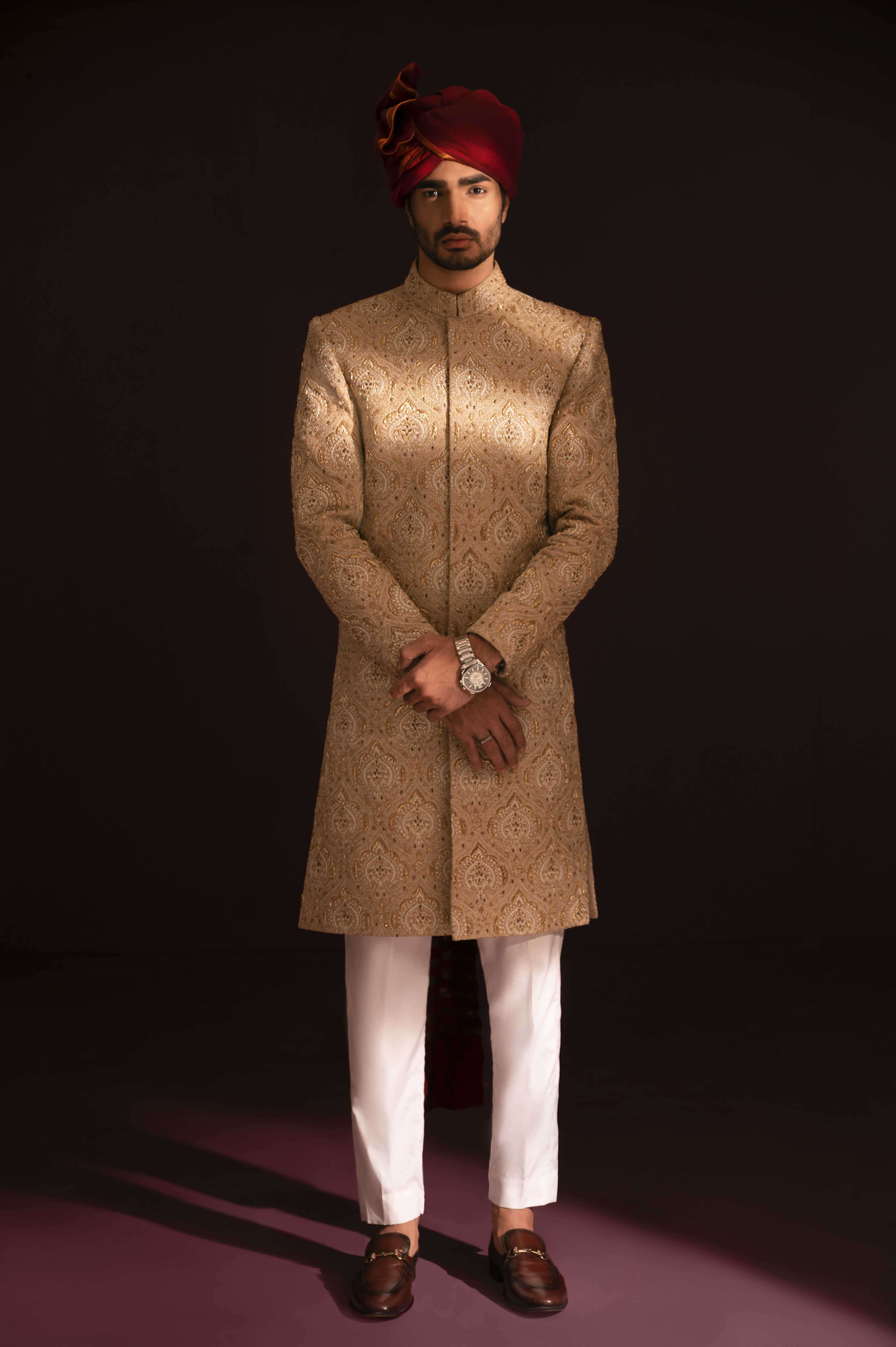 ER SH 120 Light Glden Hand Work Sherwani