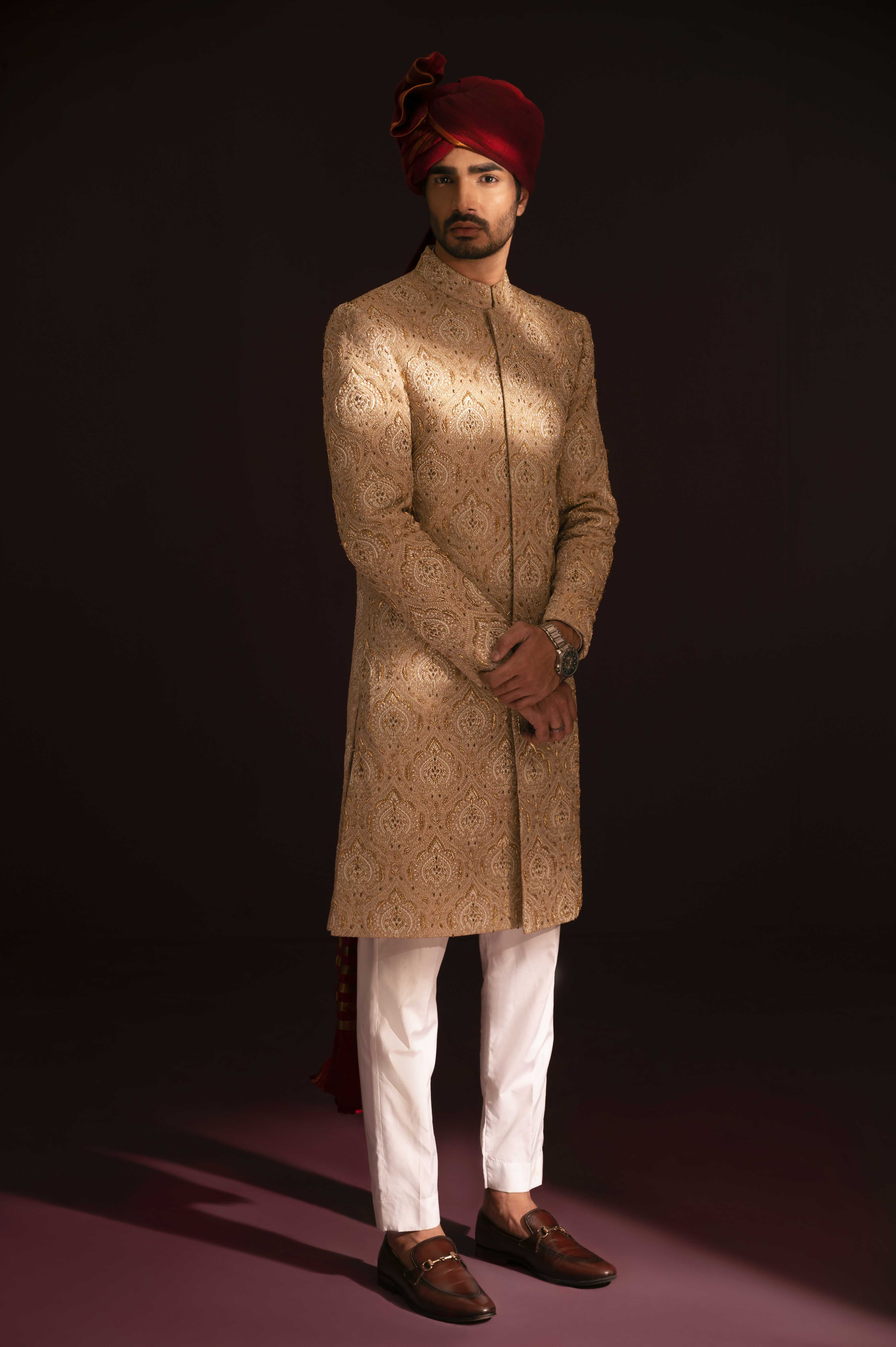 ER SH 120 Light Glden Hand Work Sherwani