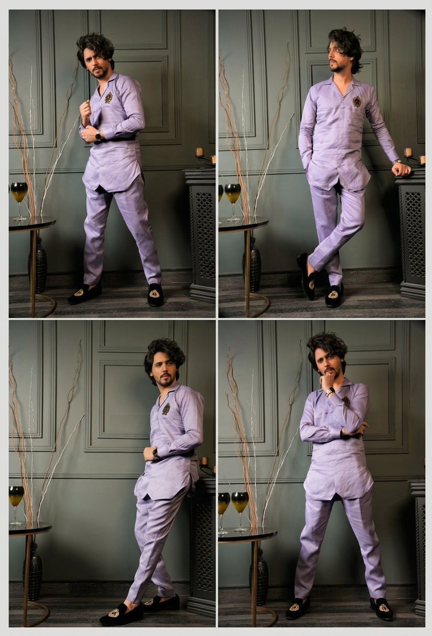 Linen Blue 2-Piece Coord Set – Front-Open Short Kurta & Adjustable Pants