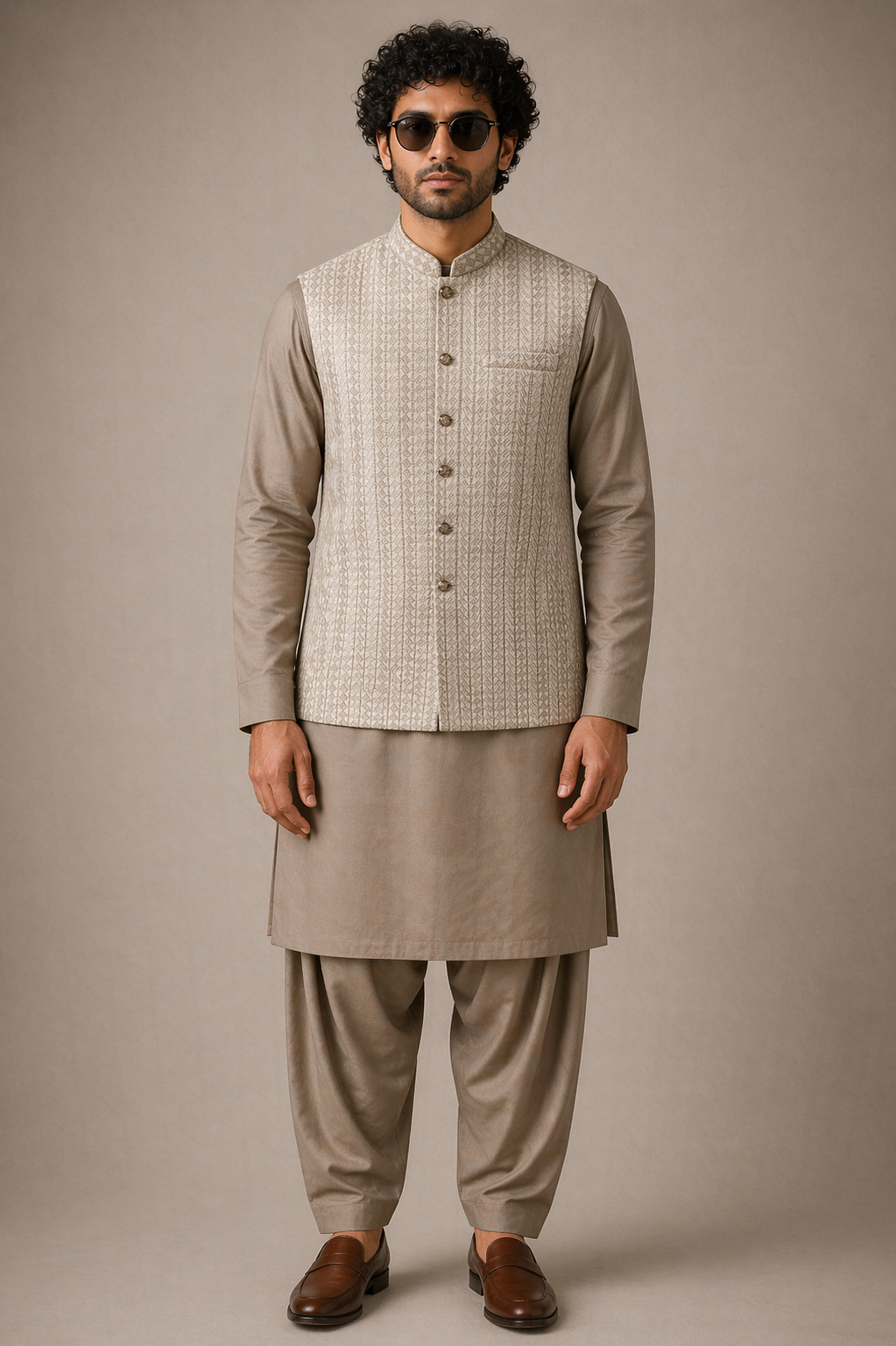 Man wearing a beige kurta with a matching WaistCoat