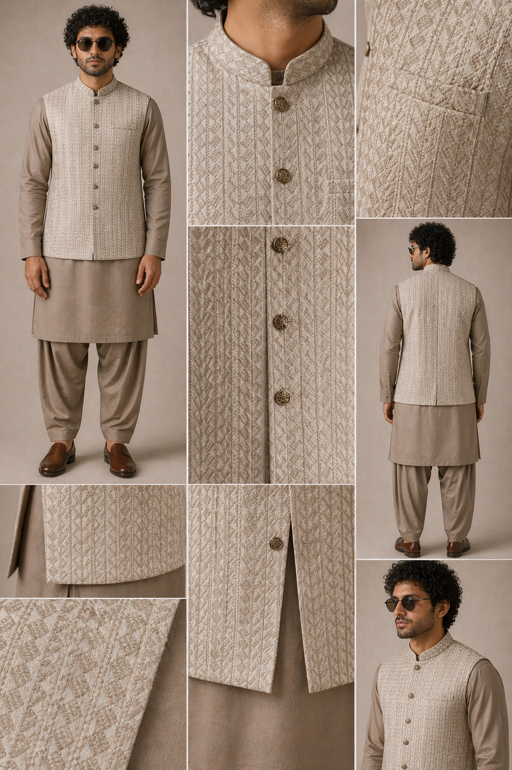 man wearing a traditional beige kurta with detailed patterns and close-up shots.