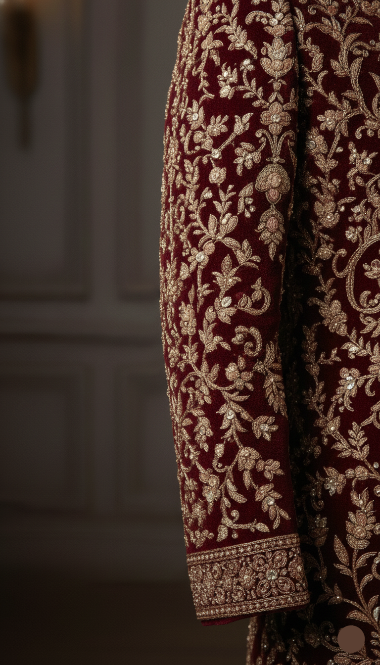 Close-up of a maroon fabric with intricate gold embroidery on a blurred background