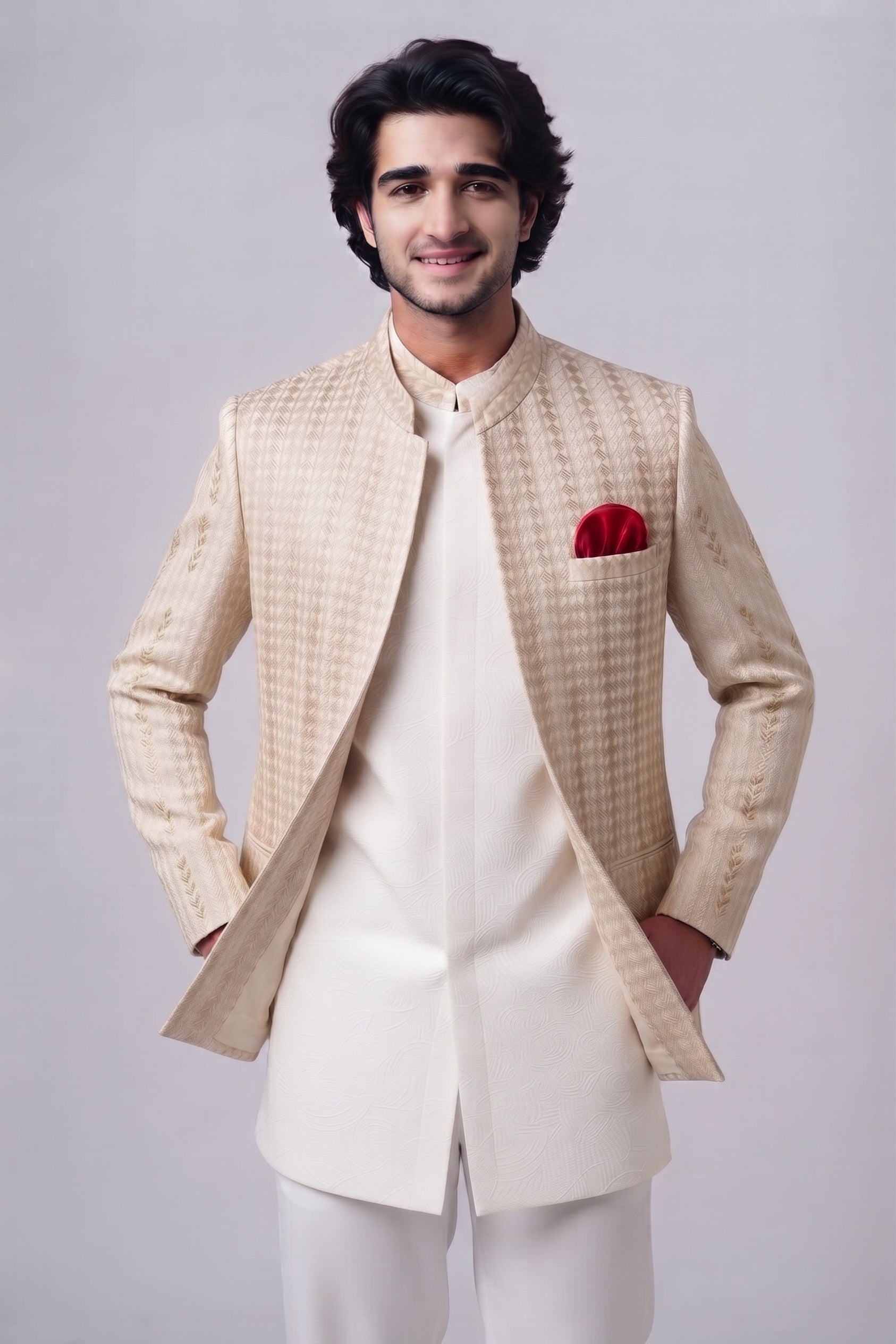ER 3029 Beige  Embroidered Front Open Prince Coat with Kurta & Trousers Set