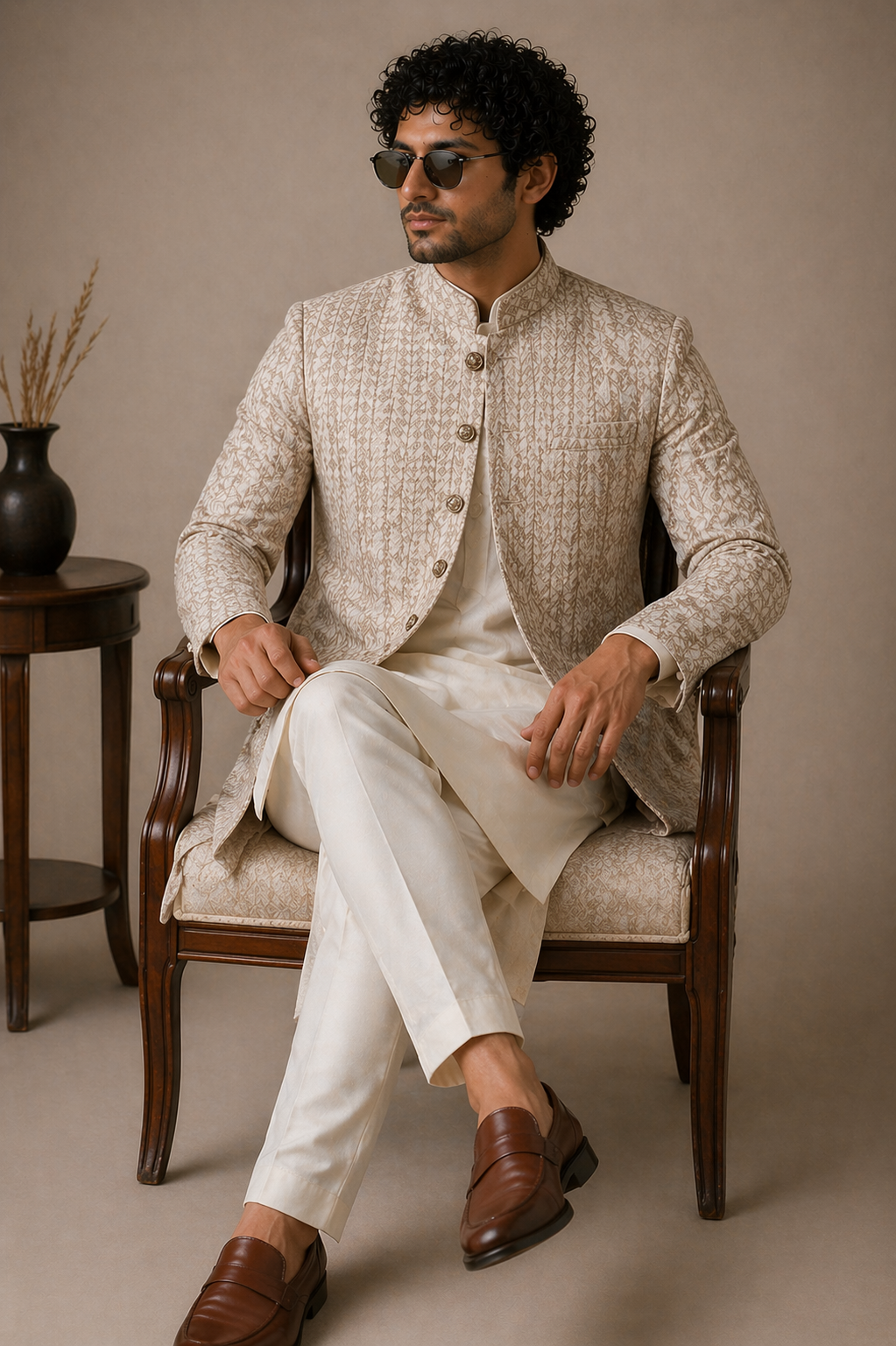 Man sitting on a chair wearing a traditional beige Sherwani