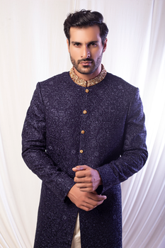 Mid Night Blue Sherwani For Groom