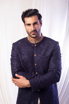 Mid Night Blue Sherwani For Groom