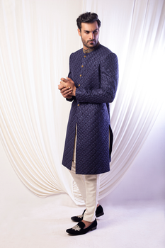 Pure Blue With Gold Work Sherwani For Groom