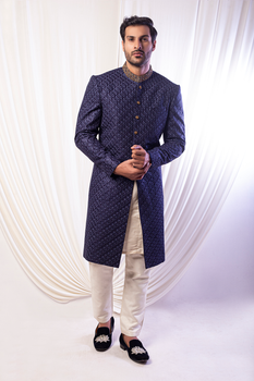 Pure Blue With Gold Work Sherwani For Groom