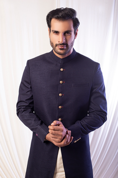 Navy Blue Silk Sherwani