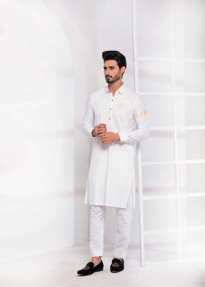 ER 534 Edge Kurta Shalwar Off white With Logo and Emboided SLeeves