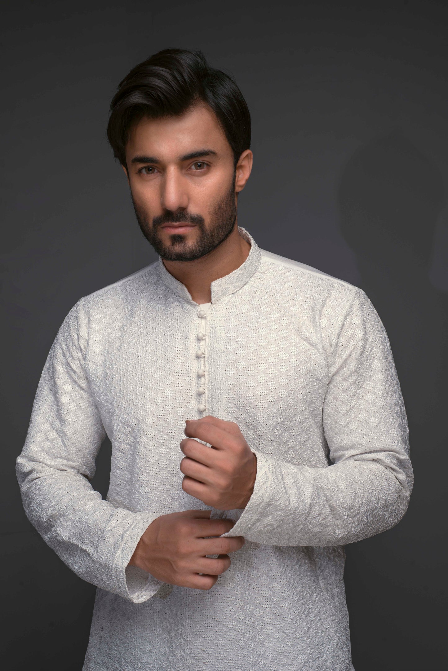 ER 521 White Chicken Kari Style Diagonal Embroided Kurta Pajama