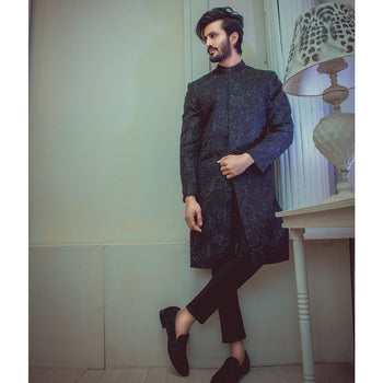 Peerless Black Sequencely EMbroided Sherwani For Groom