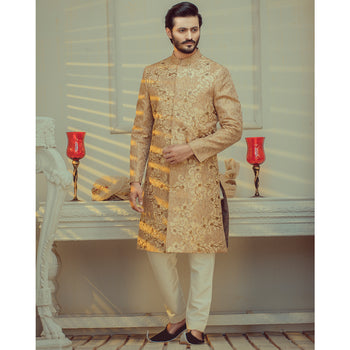 Superlative Gold Sherwani For Groom