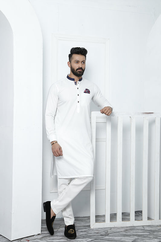 ER 468 White Edge Republic Kurta Pajama For Men with Removable Pocket Square