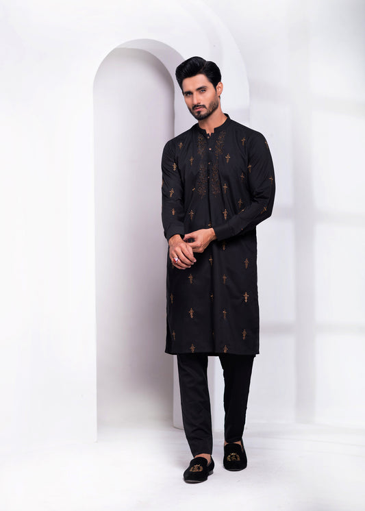 ER EMB 537 Black Ethinic Block Embroided Kurta Pajama