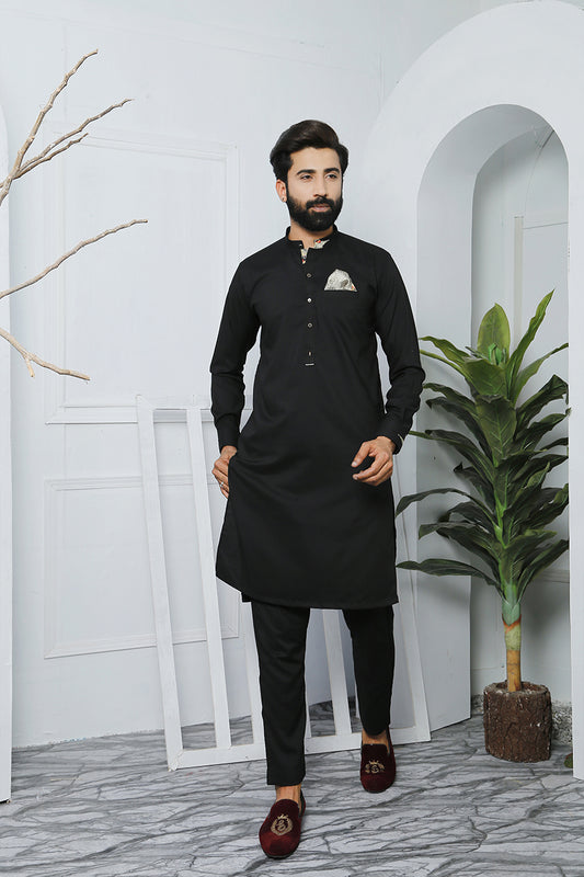 ER 473 Black Edge Republic Kurta Pajama For Men with Removable Pocket Square