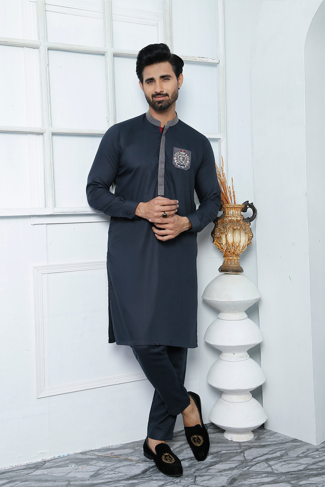 ER 479 Grey Edge Republic Kurta Pajama For Men With Monogram Emroided on Pocket