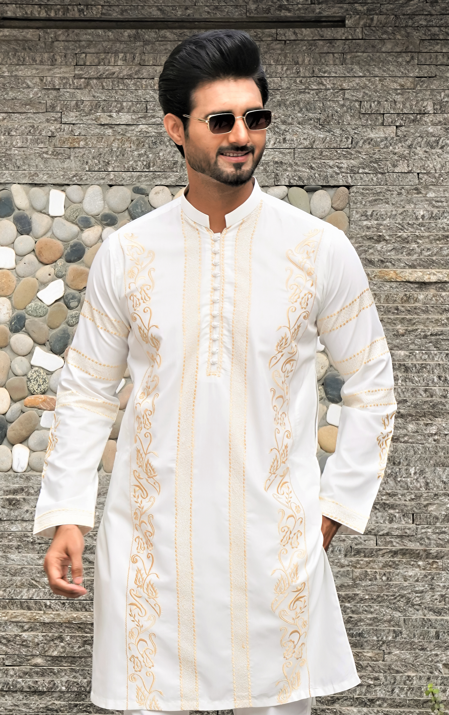 ER 585 White Kurta Pajama With Gold Embroidery