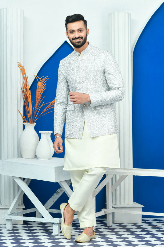 ER PC 2023 White & Silver Zari Work  Prince Coat