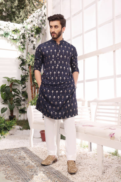 ER MR 22 Blue Mirror  Embroidery Self Cotton Silk Fabric Kurta Pajama