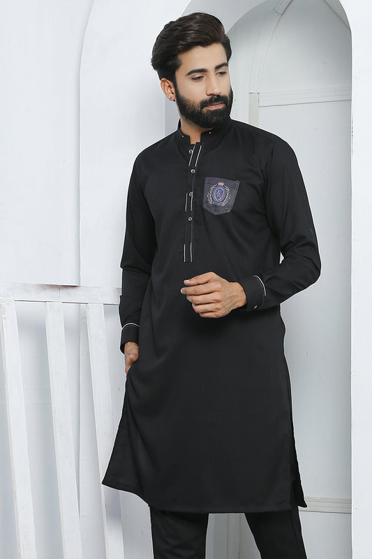 ER 467 black Edge Republic Kurta Pajama For Men With Monogram Printed on Pocket