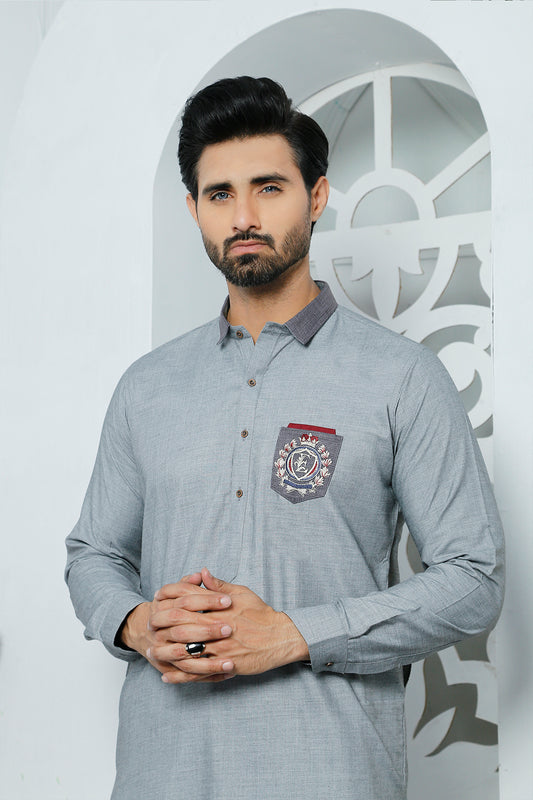 ER 477 Grey Shemrik Edge Republic Kurta Shalwar For Men With Monogram Emroided on Pocket