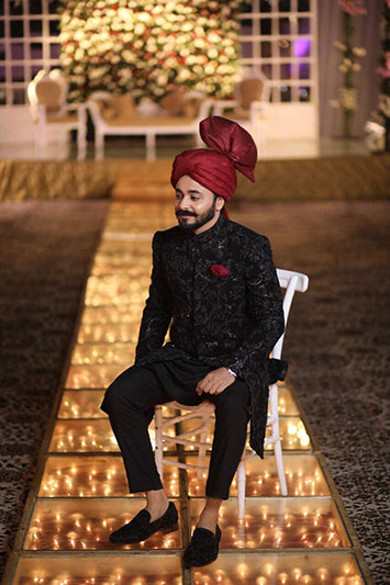 ER SH-095 Black Weddin Sherwani For Groom