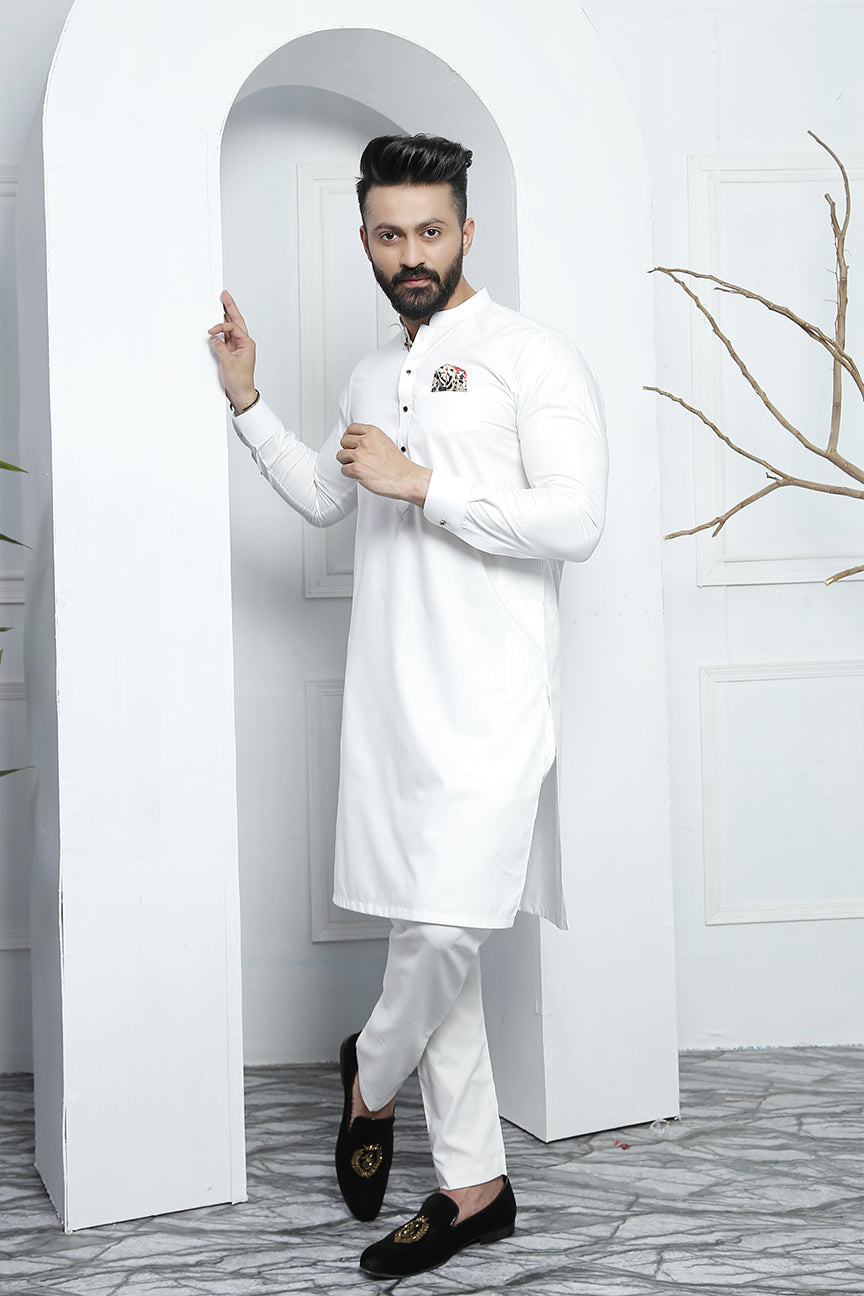 ER 474 White Edge Republic Kurta Pajama For Men with removable Pocket Square